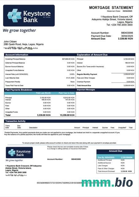 Nigeria Keystone Bank wyciąg z kredytu hipotecznego szablon Word i PDF
